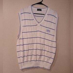 Hugo Boss Golf Pure Cotton  White and Blue Striped V-Neck Sweater Vest Italy